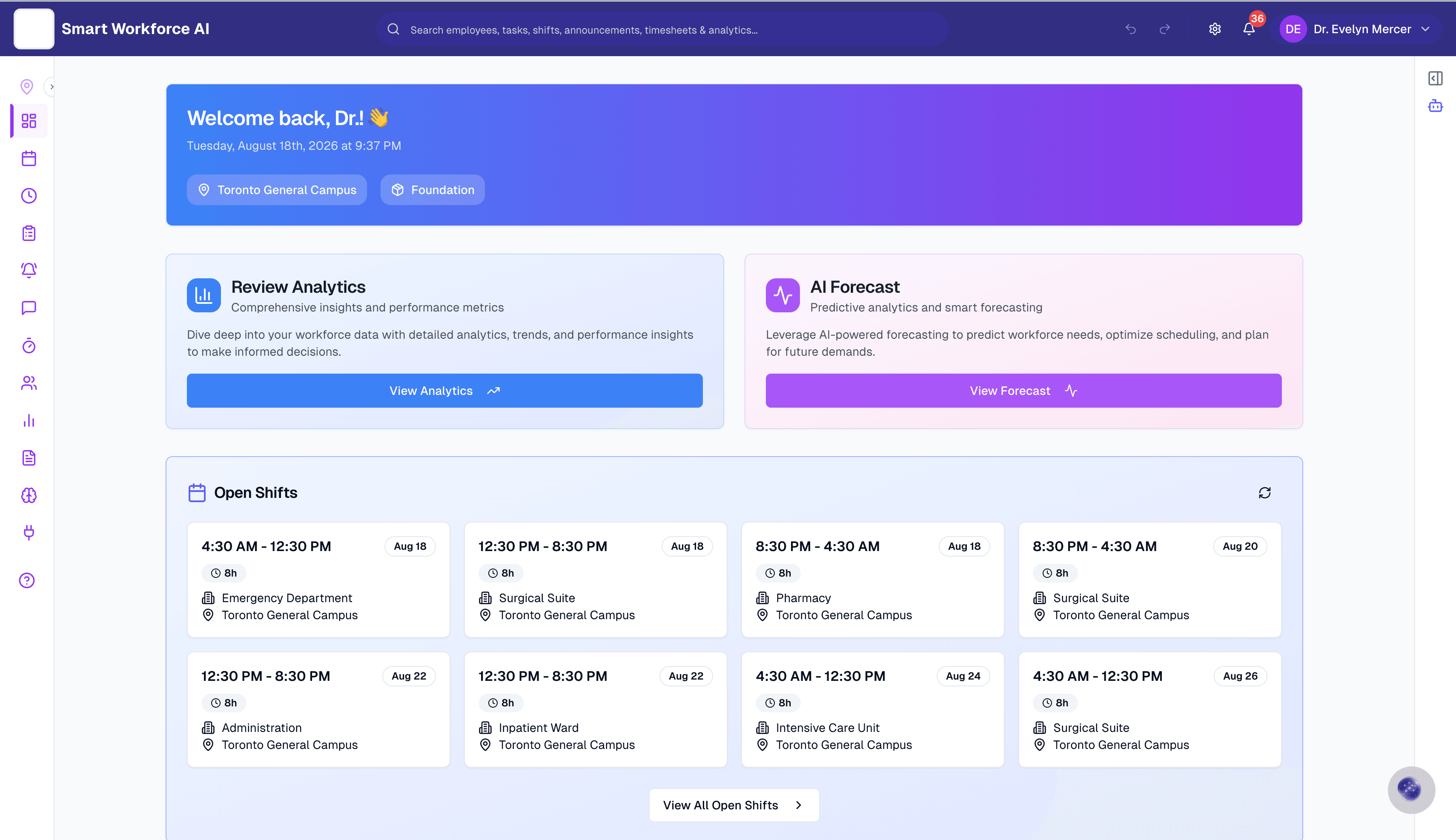 Live operations with open shifts across a site